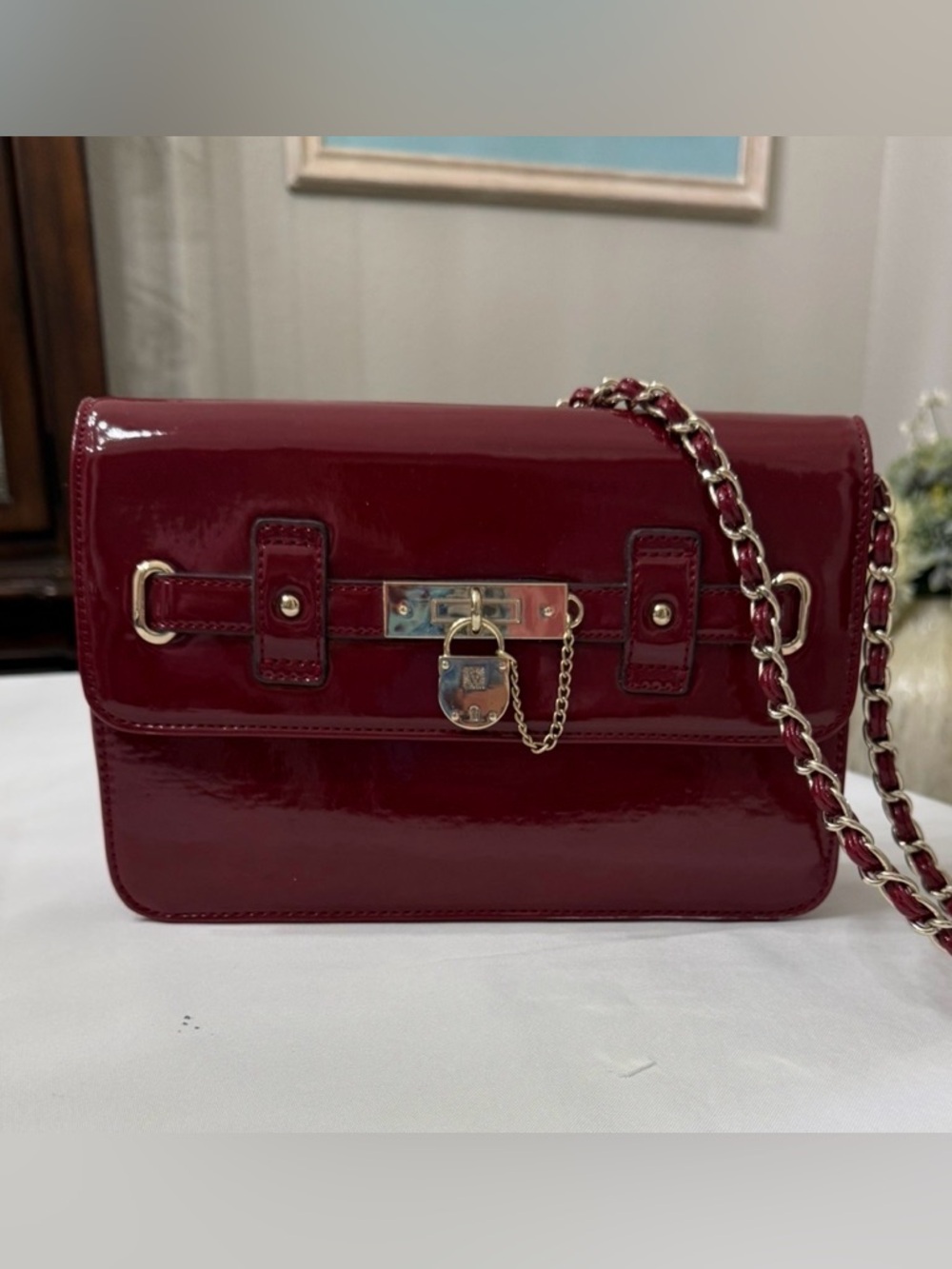 Anne Klein Patent Leather Chain Shoulder Bag - Red